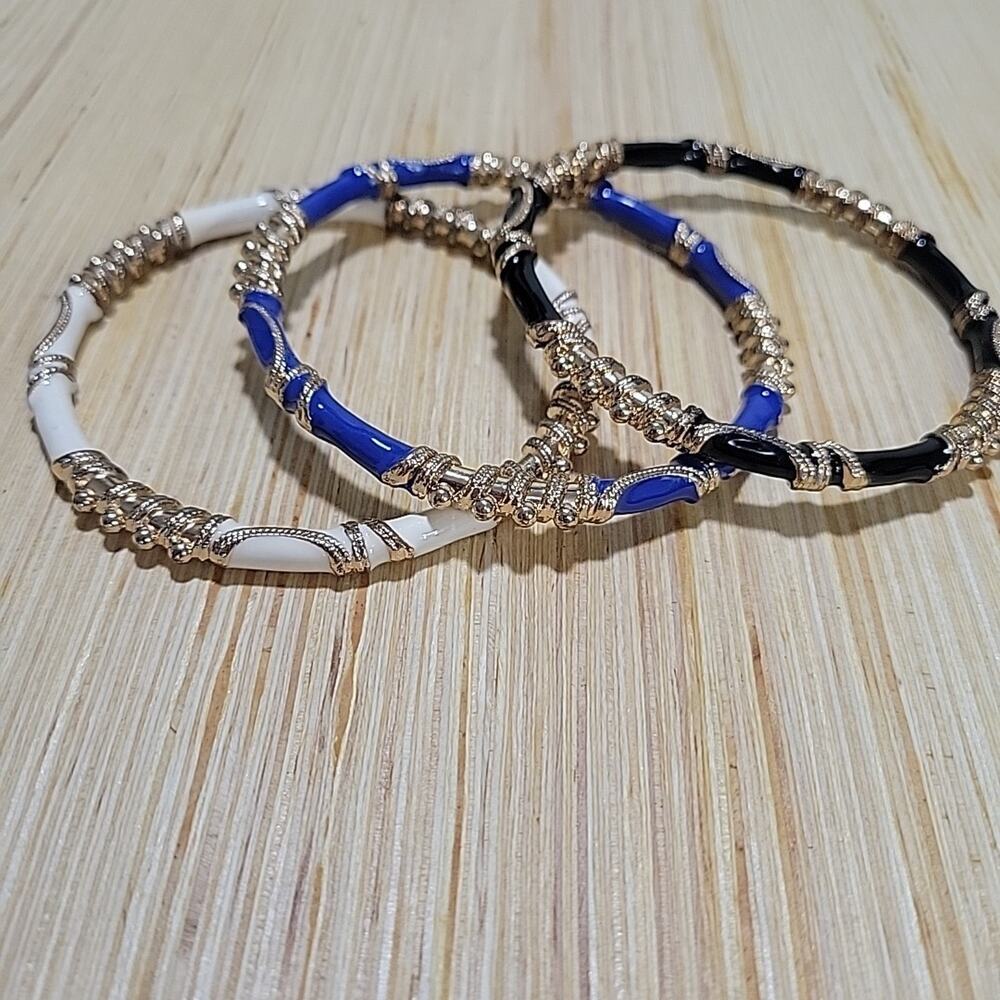 Susan Graver set 3 enamel and gold tone metal bangle bracelets Chic Boho Hippie